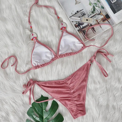 Rhinestone Two 2 Piece Swimsuit Crystal Thong String Bikini Set Women Swimwear Beach Wear Bathing Suit - The Clothing Company Sydney