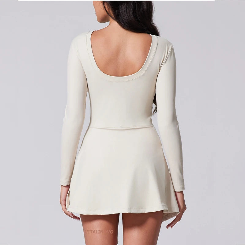 Womens High Neck Tennis Dress Long Sleeve Sarong Wrap Skirt Built in Shorts Golf Athletic Dress - The Clothing Company Sydney