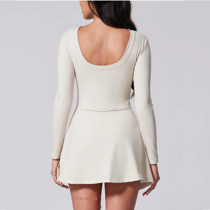 Womens High Neck Tennis Dress Long Sleeve Sarong Wrap Skirt Built in Shorts Golf Athletic Dress - The Clothing Company Sydney