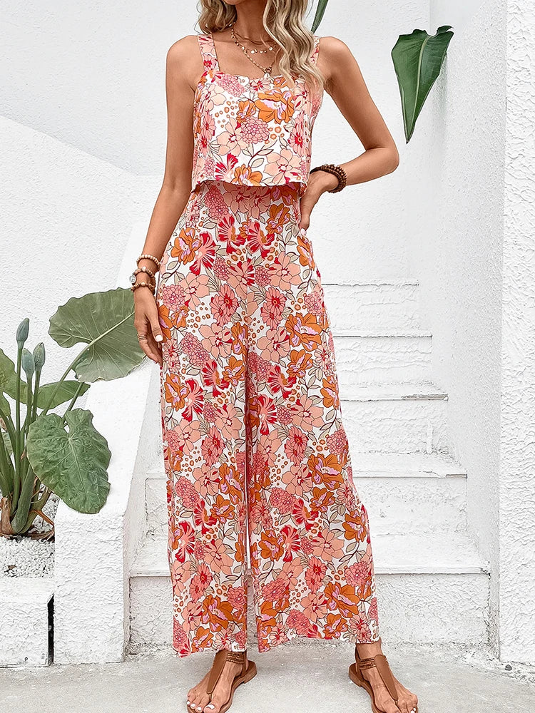 Elegant Long Women's Backless Wide Leg Jumpsuits Casual Sleeveless Floral Rompers Summer Matching Outfit Set - The Clothing Company Sydney