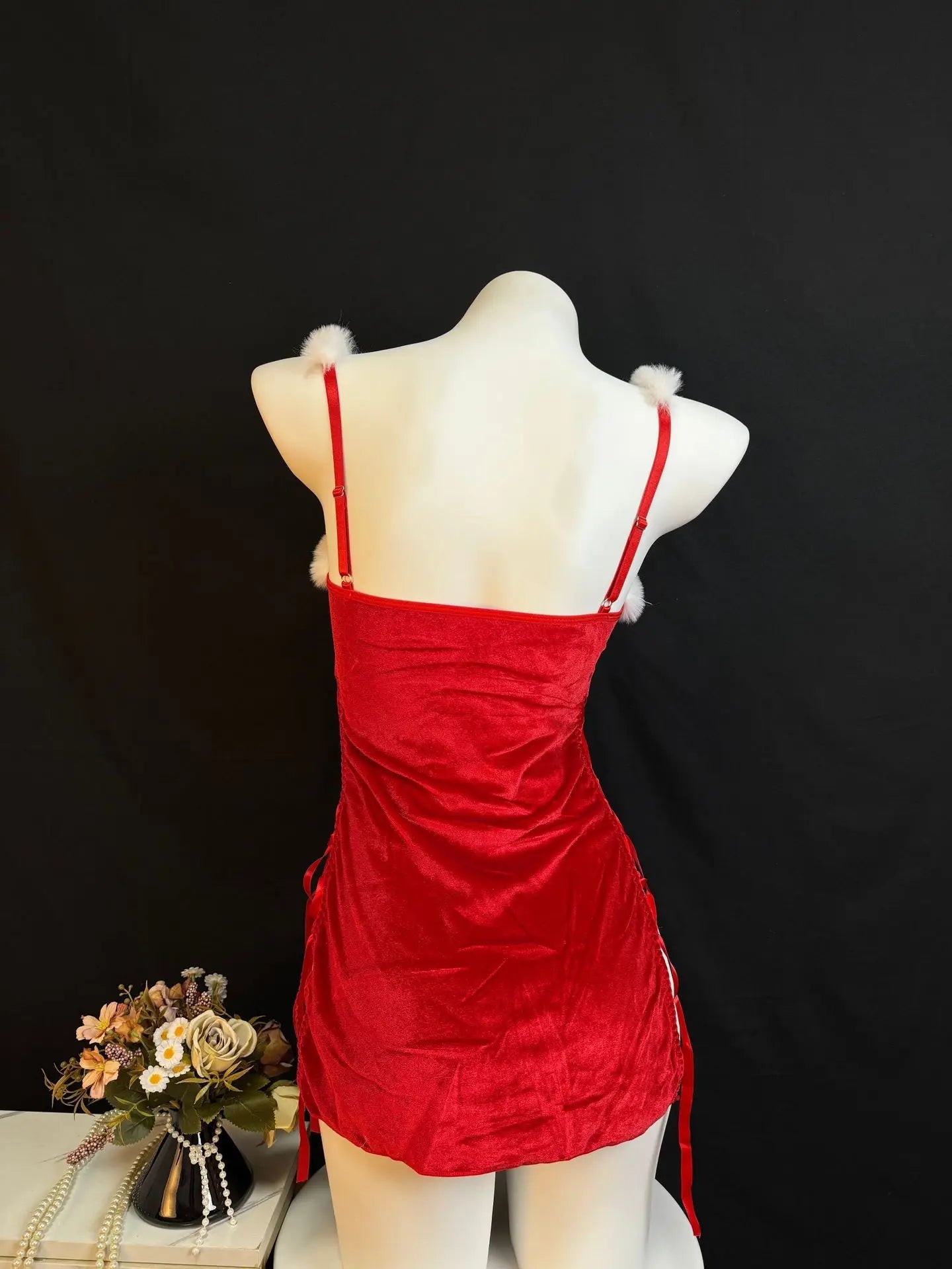 Womens Xmas Dresses Fluffy Velvet Dress Thong 2 Piece Set Sparkling Red Split Strap Up Elegant Party Cosplay Christmas Costume The Clothing Company Sydney