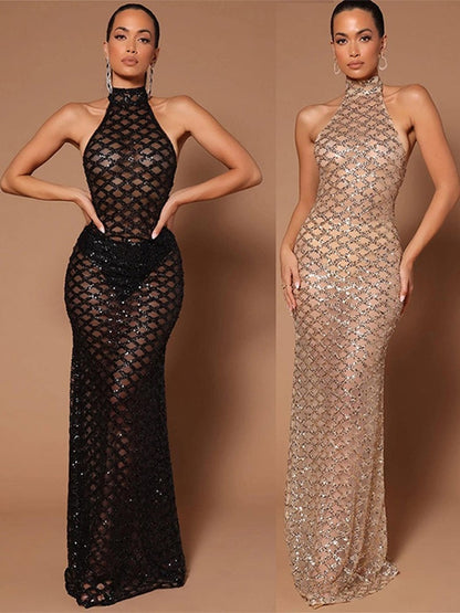 Backless Halter Dress Diamond Sleeveless Solid Long Robe Ladies Fashion Gauze Perspective Evening Party Dresses The Clothing Company Sydney