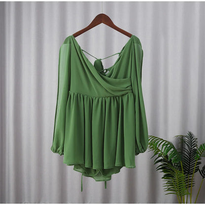 Green Pleated Mini Elegant V-neck Split Long Sleeve A-line Summer Lady Solid Backless Lace Up Dress - The Clothing Company Sydney