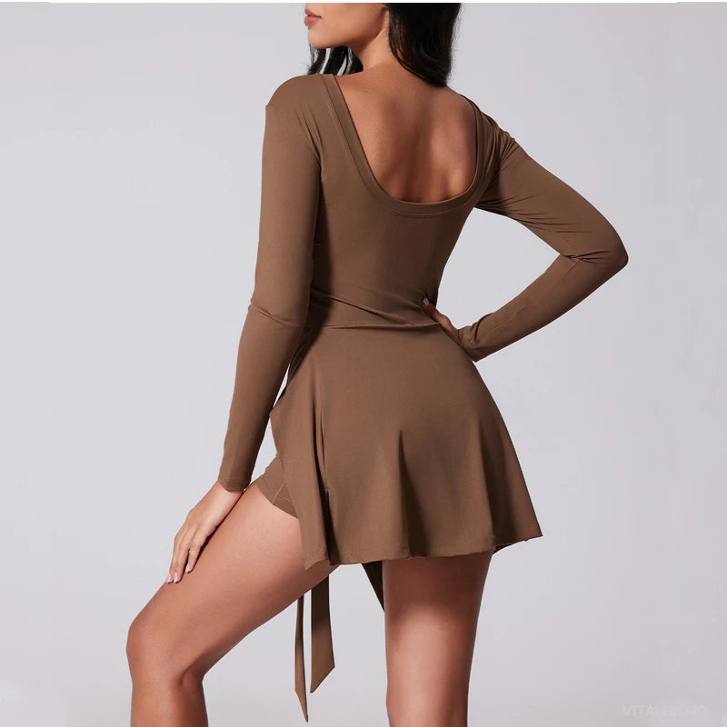 Womens High Neck Tennis Dress Long Sleeve Sarong Wrap Skirt Built in Shorts Golf Athletic Dress - The Clothing Company Sydney