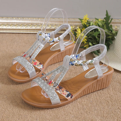 Summer Women's Wedge Shiny Rhinestones Elastic Platform Peep Toe Outdoor Sandals - The Clothing Company Sydney