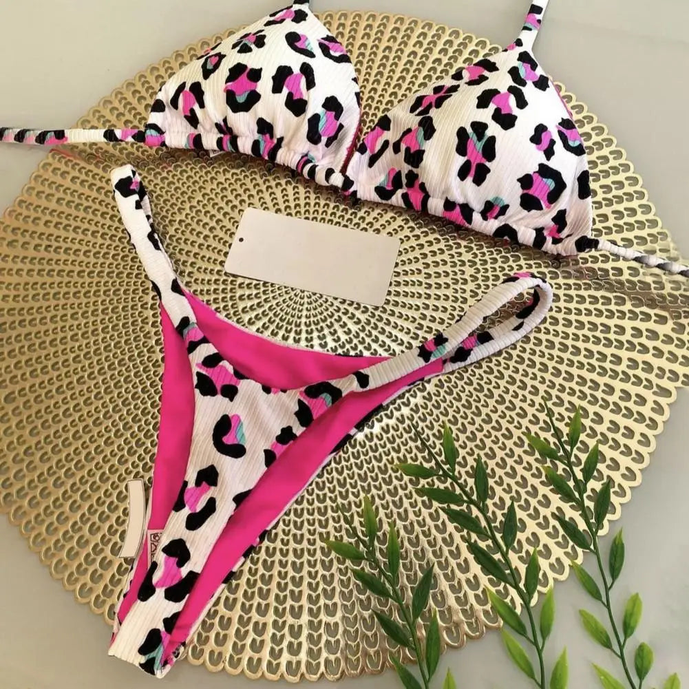 Two Piece Bikini Set Leopard Print Halter Bikini Set Cherry Print Thong Swimsuit High Waist Lace-up Bathing Suit - The Clothing Company Sydney