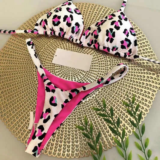Two Piece Bikini Set Leopard Print Halter Bikini Set Cherry Print Thong Swimsuit High Waist Lace-up Bathing Suit - The Clothing Company Sydney