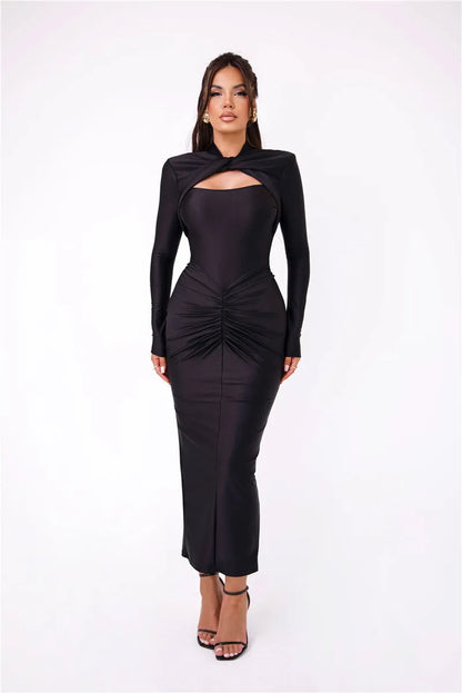 Hollow Out Long Sleeve Maxi Dress Gown Autumn Winter New Metal Buckle Ruched Slit Long Elegant Dress - The Clothing Company Sydney