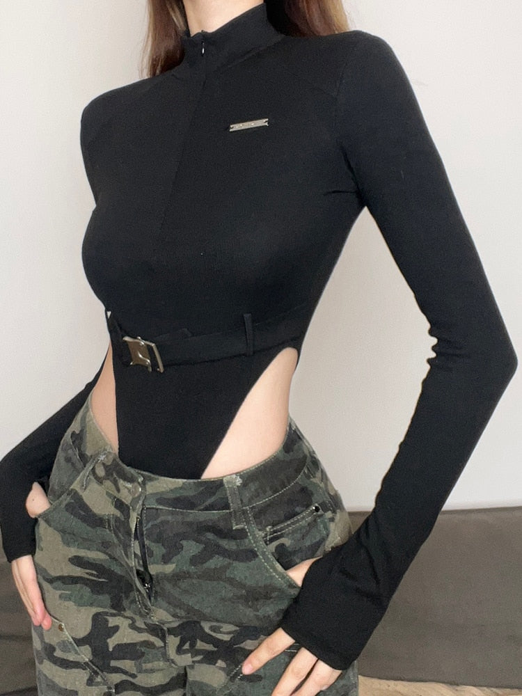 Streetwear Zipper Skinny Black Women Bodysuits Top Buckle Turtleneck Autumn Body Fashion Motorcycle One Piece Bodysuit The Clothing Company Sydney