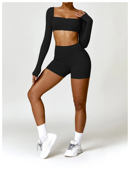 2 Piece Long Sleeve Gym Set Women Yoga Clothes Quick-Drying Sportswear Running Leggings Workout Sports Crop Top Shorts - The Clothing Company Sydney