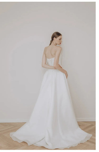 Strapless Elegant A-line Sleeveless Classic Lace Up Small Train Wedding Dress - The Clothing Company Sydney
