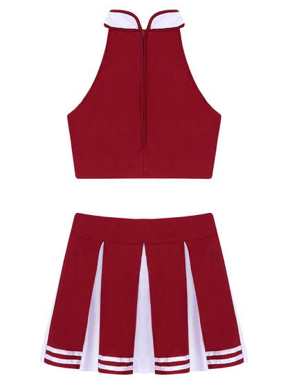Women's Cheerleading Costume Uniform Carnival Cosplay Outfit Stand Collar Sleeveless Crop Top with Mini Pleated Skirt - The Clothing Company Sydney