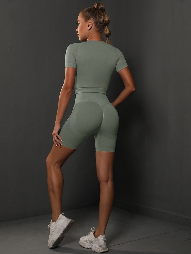 2 Piece Seamless Yoga Set Gym Sportswear Sport Top and High Waist Short Suit Fitness Workout Butt Lifting Short Tight Suit The Clothing Company Sydney