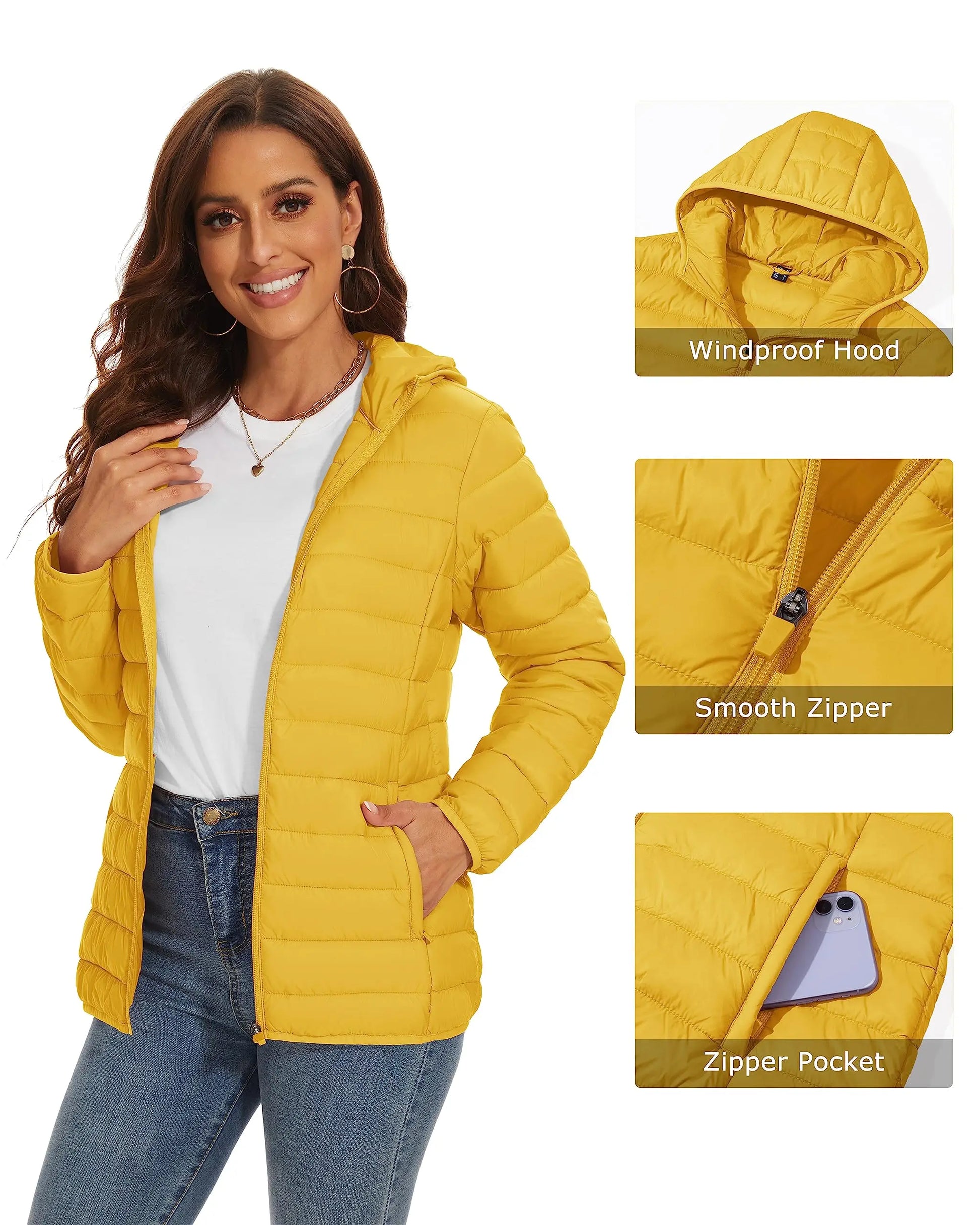 Full Zip Up Hooded Puffer Women's Winter Quilted Warm Down Coats Casual Windbreaker Padded Outwear Outdoor Jacket - The Clothing Company Sydney