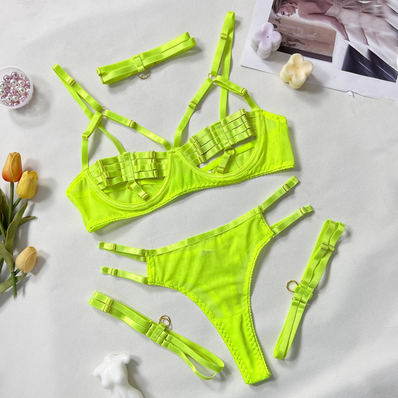 5-Piece Costume Hollow Underwear Sensual Open Bra Outfits Lingerie Set - The Clothing Company Sydney