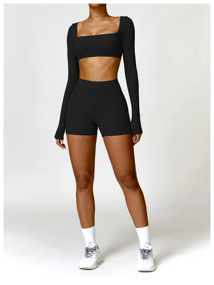 2 Piece Long Sleeve Gym Set Women Yoga Clothes Quick-Drying Sportswear Running Leggings Workout Sports Crop Top Shorts - The Clothing Company Sydney