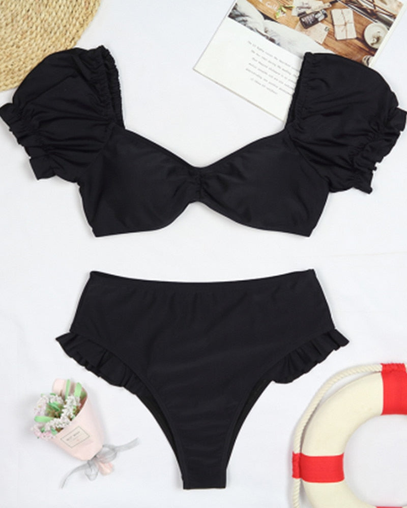 2 Piece Women Swimsuit Solid Colour Short Puff Sleeve Summer High Waist Cut Backless Bathing Suit Beachwear Bikini Set The Clothing Company Sydney