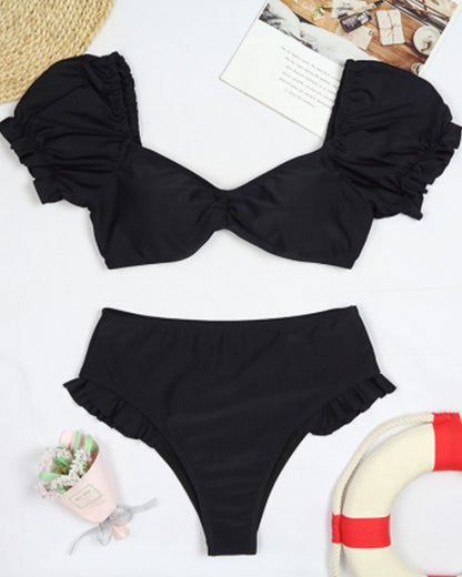 2 Piece Women Swimsuit Solid Colour Short Puff Sleeve Summer High Waist Cut Backless Bathing Suit Beachwear Bikini Set The Clothing Company Sydney