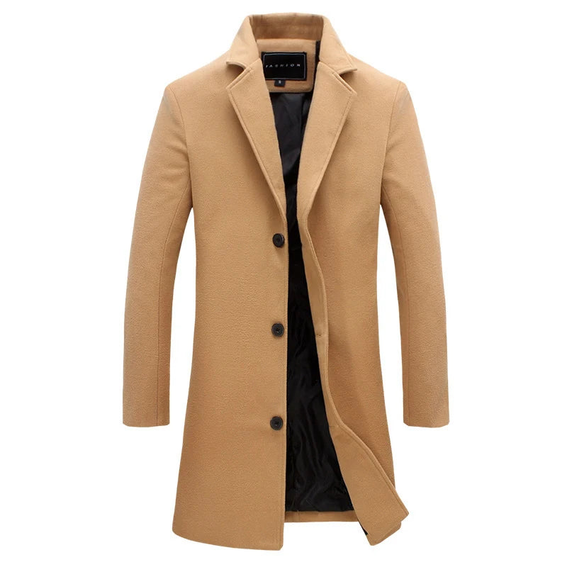Single Breasted Lapel Long Coat Jacket Fashion Autumn Winter Casual Overcoat Plus Size Trench Men's Woolen Coats Solid Color - The Clothing Company Sydney