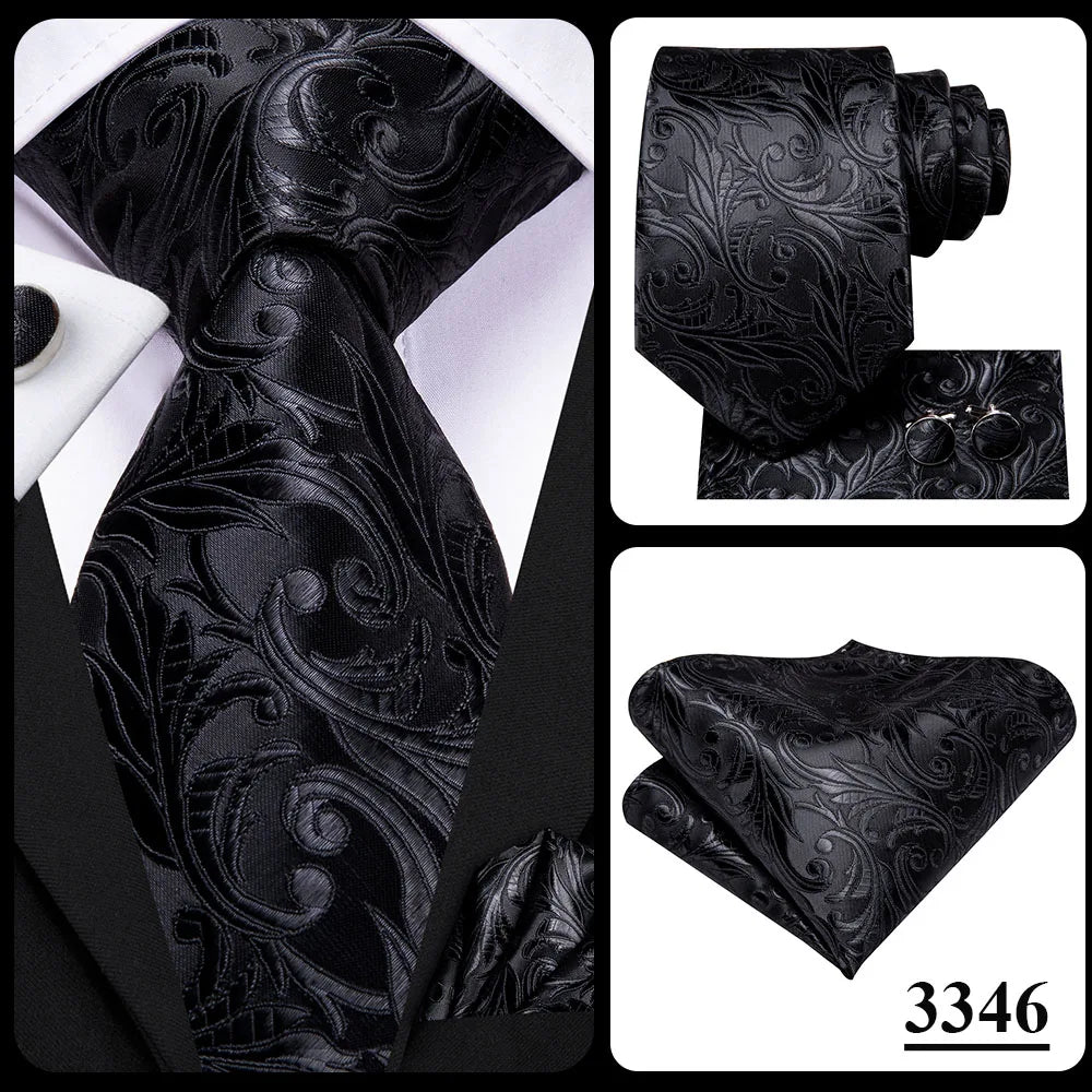 3 Piece Black Floral Silk Wedding Tie For Men Handky Cufflink Elegant Necktie Set For Men - The Clothing Company Sydney