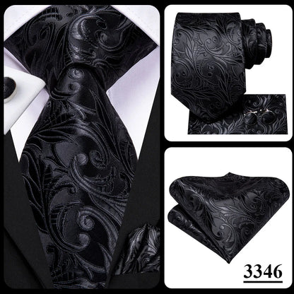 3 Piece Black Floral Silk Wedding Tie For Men Handky Cufflink Elegant Necktie Set For Men - The Clothing Company Sydney