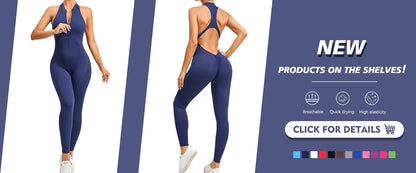 V Back Scrunch Sports Jumpsuit Women Gym Rompers Sleeveless Sportswear Zipper One-Piece Suit Yoga Clothing - The Clothing Company Sydney