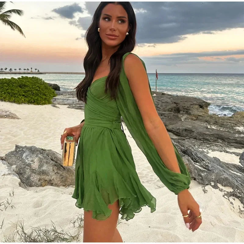 Green Pleated Mini Elegant V-neck Split Long Sleeve A-line Summer Lady Solid Backless Lace Up Dress - The Clothing Company Sydney