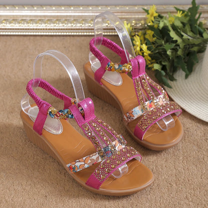 Summer Women's Wedge Shiny Rhinestones Elastic Platform Peep Toe Outdoor Sandals - The Clothing Company Sydney