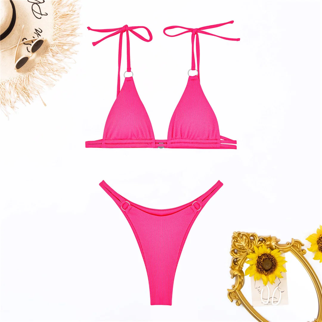Ribbed High Leg Cut Bikini Swimwear Swimsuit Two-piece Bikini set Bather Bathing Suit - The Clothing Company Sydney