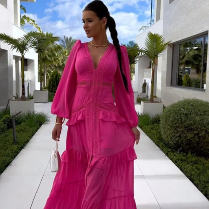 Women V-neck Lantern Long Sleeves Maxi Dress Elegant Patchwork Ruffles Hollow Lace Slim  Summer Dress - The Clothing Company Sydney