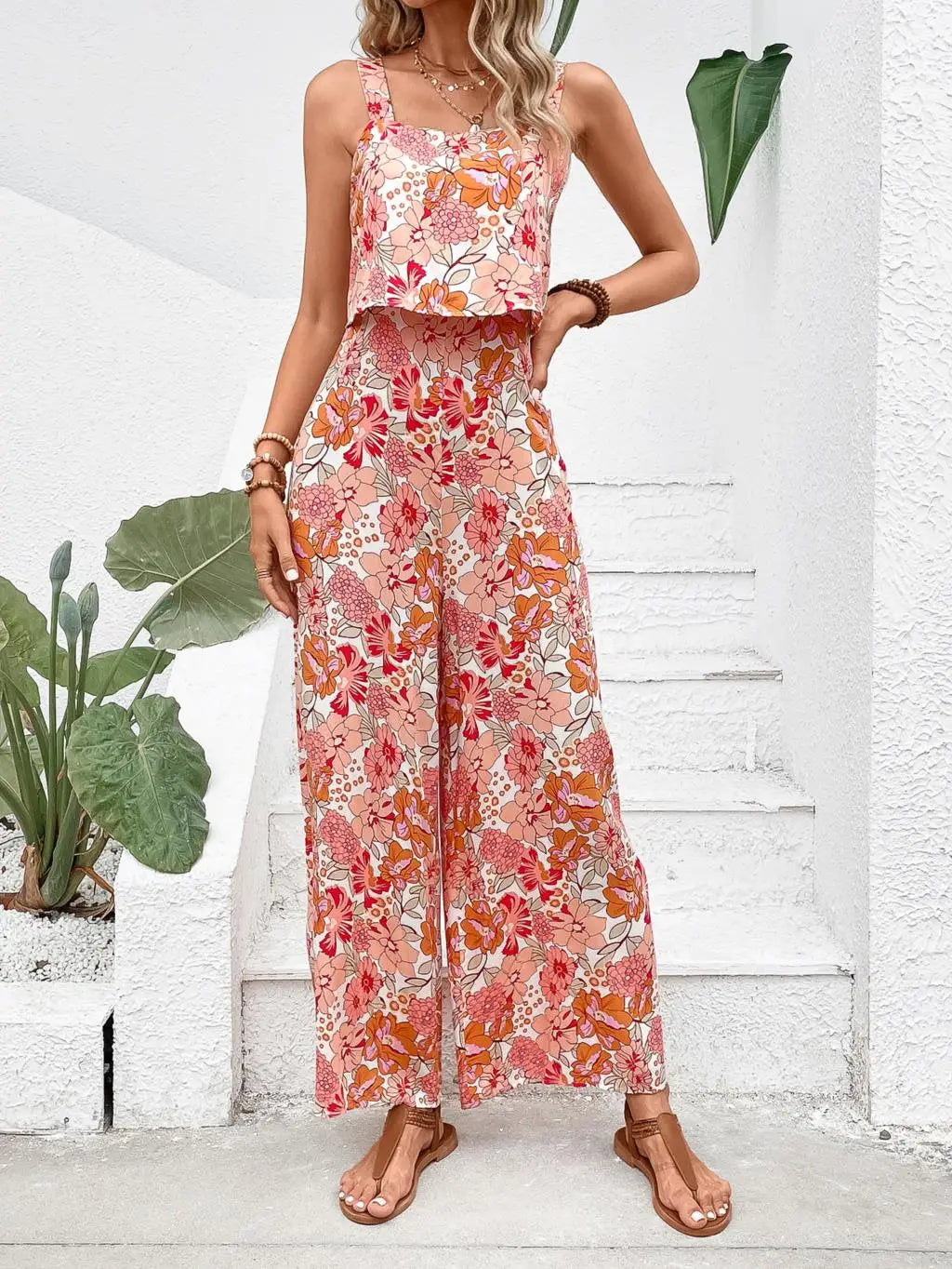 Elegant Long Women's Backless Wide Leg Jumpsuits Casual Sleeveless Floral Rompers Summer Matching Outfit Set - The Clothing Company Sydney