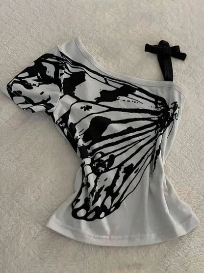 Off shoulder Summer T shirt Womens Aesthetic Print Short sleeve Body Tops Female Tees Cotton Front Bow Tied Top The Clothing Company Sydney