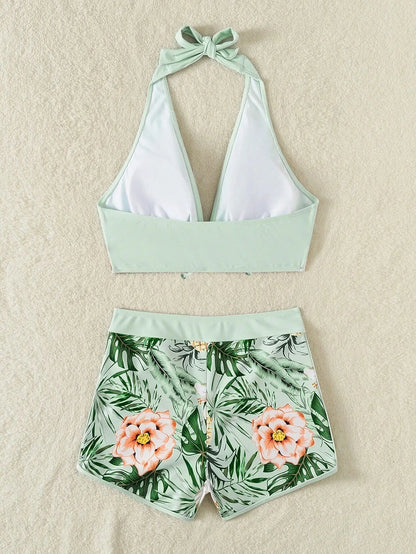 2 Piece Halter Bikini Set Shorts Swimsuit High Waist Swimwear Female Printed Bathers Swimming Bathing Swim Suit Beachwear - The Clothing Company Sydney