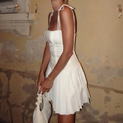 Fashion Chic Fold White Pleated Dress Mini Pins Up Birthday Party Sundress Strappy Corset Summer Dress - The Clothing Company Sydney