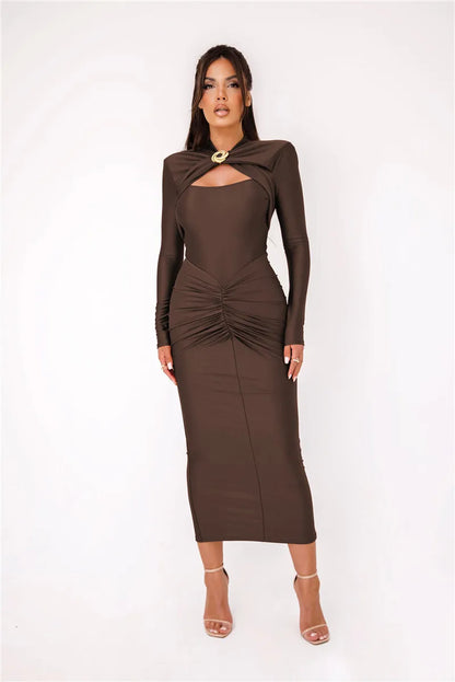 Hollow Out Long Sleeve Maxi Dress Gown Autumn Winter New Metal Buckle Ruched Slit Long Elegant Dress The Clothing Company Sydney