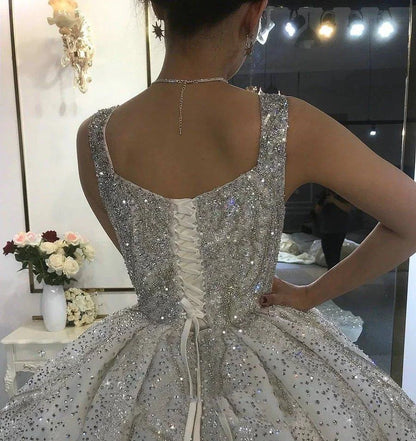 Luxurious Sparkling Sequin Wedding Dress Ball Gown Sleeveless Long Rhinestone Bridal Dress With Court Train Robes - The Clothing Company Sydney