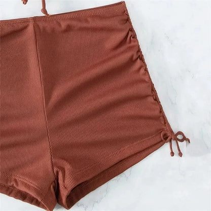 Brown Ribbed Swimwear Shorts Swimsuits Women Halter Bikinis Set String Drawstring Bathing Suit Beachwear - The Clothing Company Sydney