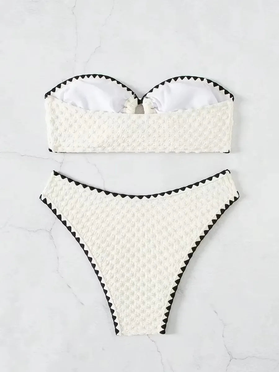 Swimwear White 2 Piece Strapless Swimsuit Bandeau Backless Bikini Set Lace-up Patchwork Bathing Suit The Clothing Company Sydney