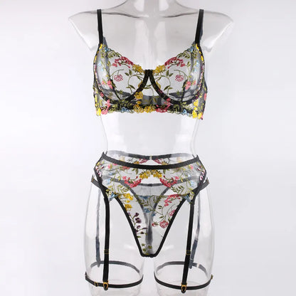 3 Piece Lingerie Sensual Lace Underwear Transparent Embroidery Garters Fancy Beautiful Bra Panties Intimate Set The Clothing Company Sydney