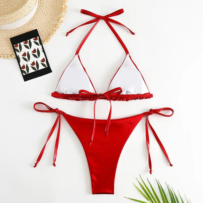 2 Piece Shiny Triangle Micro Thong Bikinis Sets Swimsuit Mini Swimwear Bathing Swiming Suits - The Clothing Company Sydney