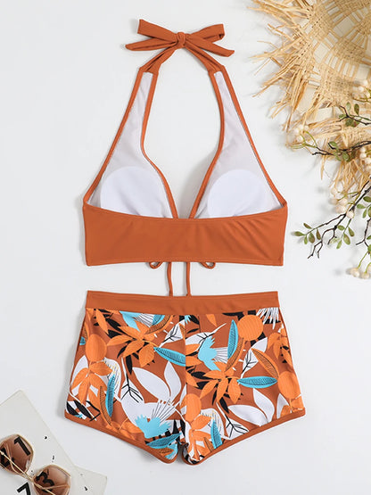 2 Piece Halter Bikini Set Shorts Swimsuit High Waist Swimwear Female Printed Bathers Swimming Bathing Swim Suit Beachwear - The Clothing Company Sydney