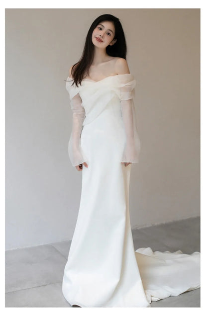 One Shoulder Satin Light Wedding Dress with Simple and Slim Fit Sweet Long Sleeved Bride Evening Gown - The Clothing Company Sydney