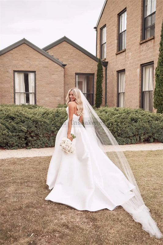 Chic Satin Wedding Dresses High Split Pleats Women Customized Bridal Dress Princess Wedding Gowns A-Line Dress The Clothing Company Sydney
