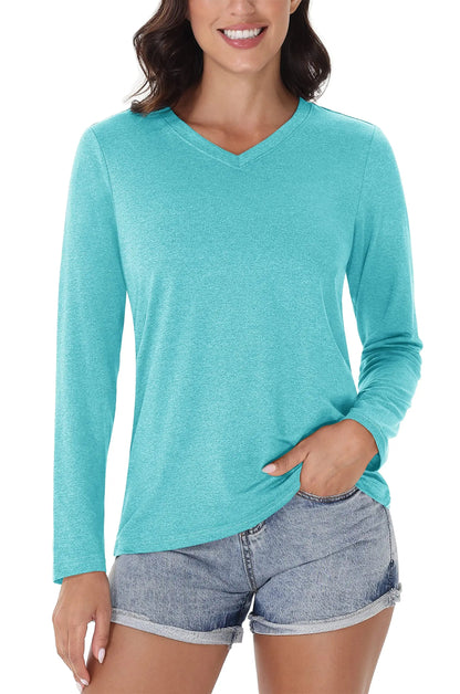 UPF 50+ Sun Protection Long Sleeve Shirts Womens V Neck Summer T-Shirts Outdoor Athletic Workout Running Gym Sportswear The Clothing Company Sydney