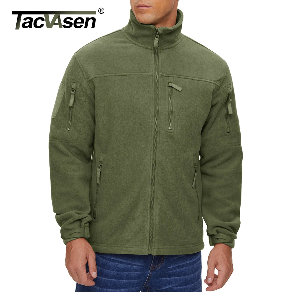 Full Zip Up Tactical Green Fleece Jacket Thermal Warm Work Coats Men's Pockets Safari Jacket Hiking Outwear Windbreaker - The Clothing Company Sydney