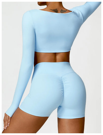 2 Piece Long Sleeve Gym Set Women Yoga Clothes Quick-Drying Sportswear Running Leggings Workout Sports Crop Top Shorts - The Clothing Company Sydney