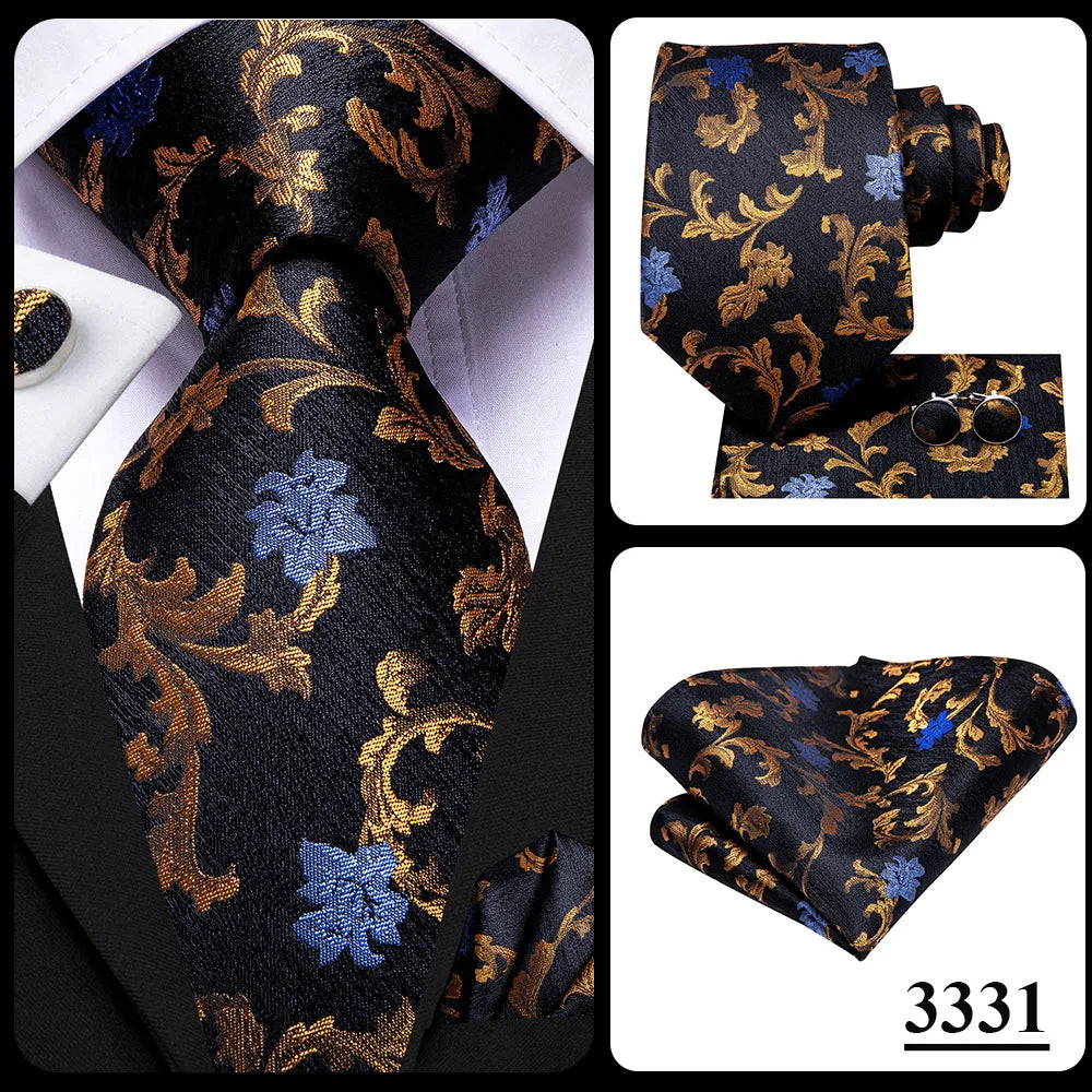 3 Piece Black Floral Silk Wedding Tie For Men Handky Cufflink Elegant Necktie Set For Men - The Clothing Company Sydney
