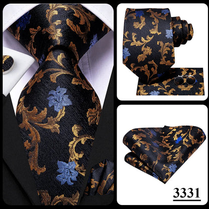 3 Piece Black Floral Silk Wedding Tie For Men Handky Cufflink Elegant Necktie Set For Men - The Clothing Company Sydney