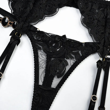 3 Piece Lingerie Luxury Jewel Shoulder Strap Underwear Garter Lace IntimateLingerie Set - The Clothing Company Sydney