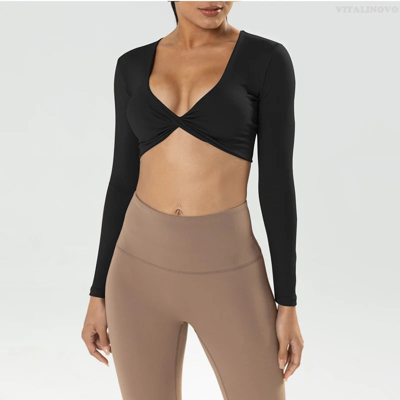 Long Sleeve Gym Crop Tops for Women Twist Deep V Workout Crop T Shirt Top Quick Dry Padded Sports Fitness Yoga Top The Clothing Company Sydney